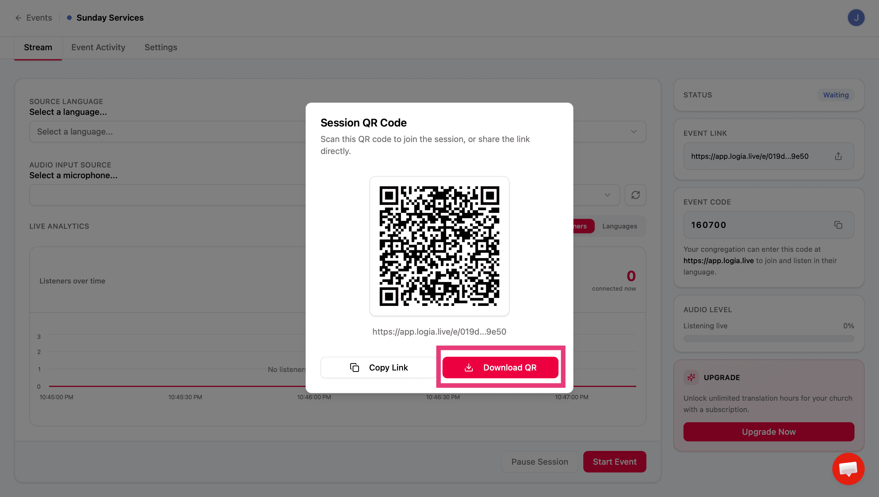 Session QR Code dialog with Download QR and Copy Link actions