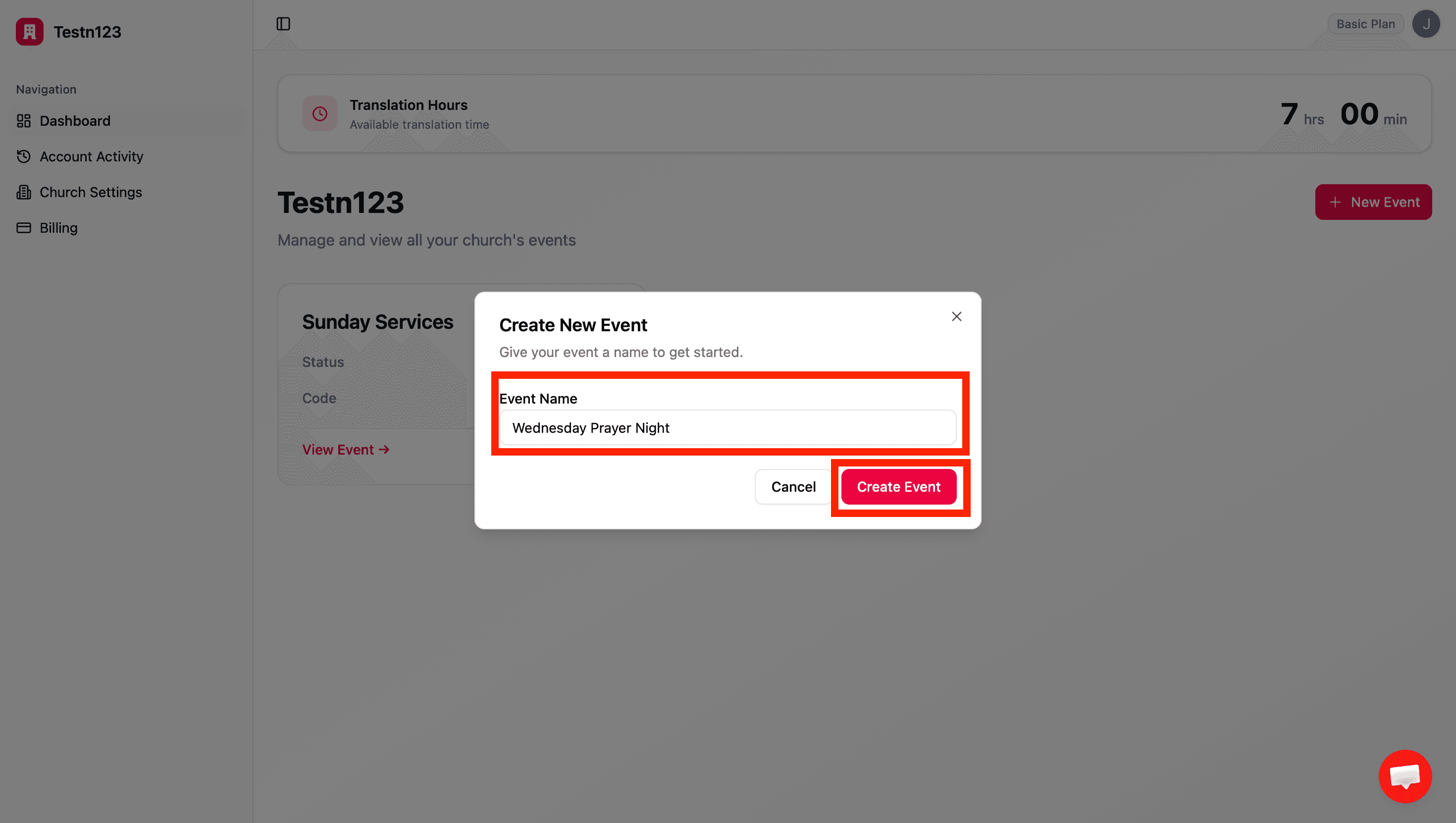 Create New Event dialog with an event name field
