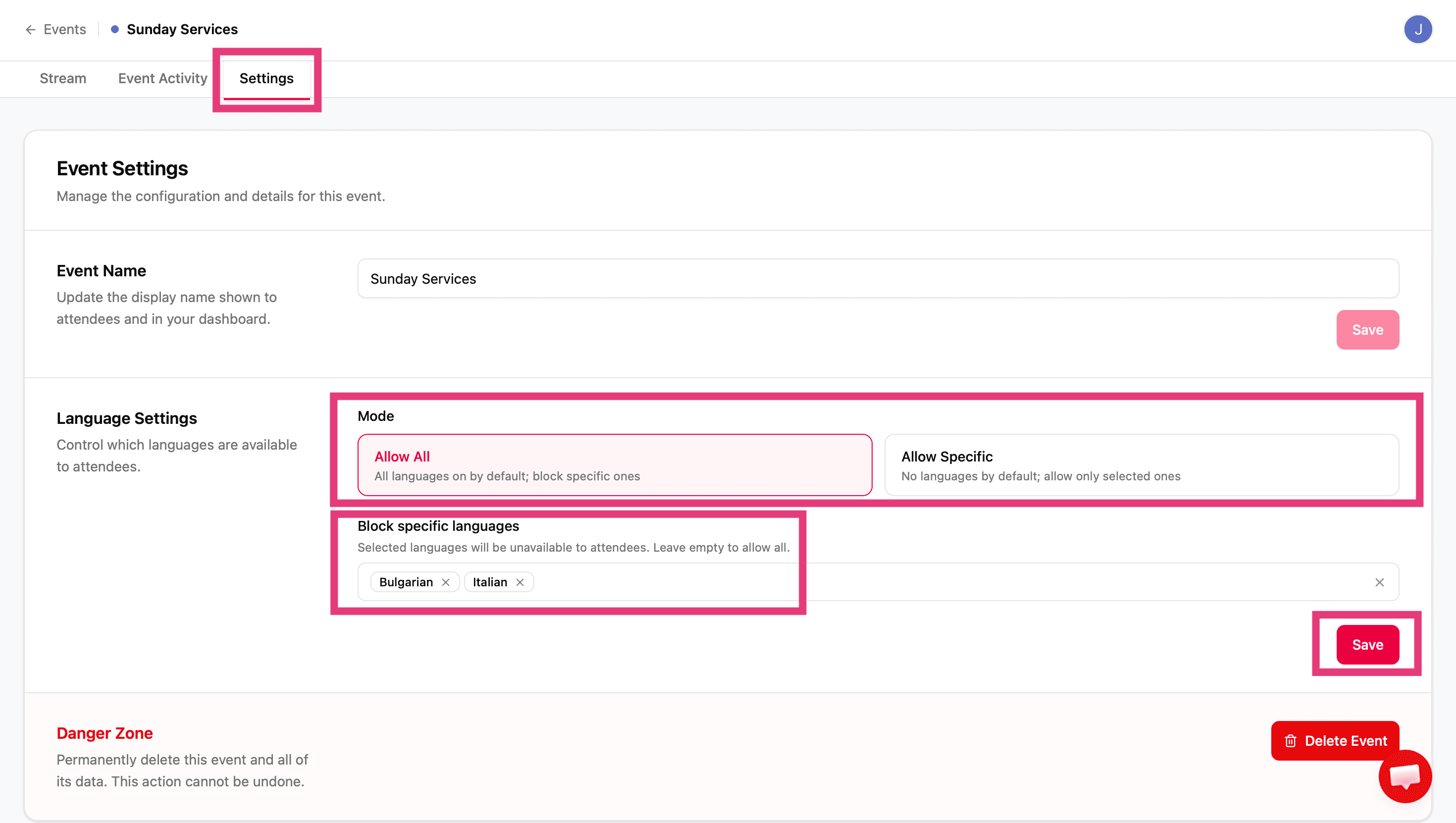Language settings screen for enabling and blocking listener languages