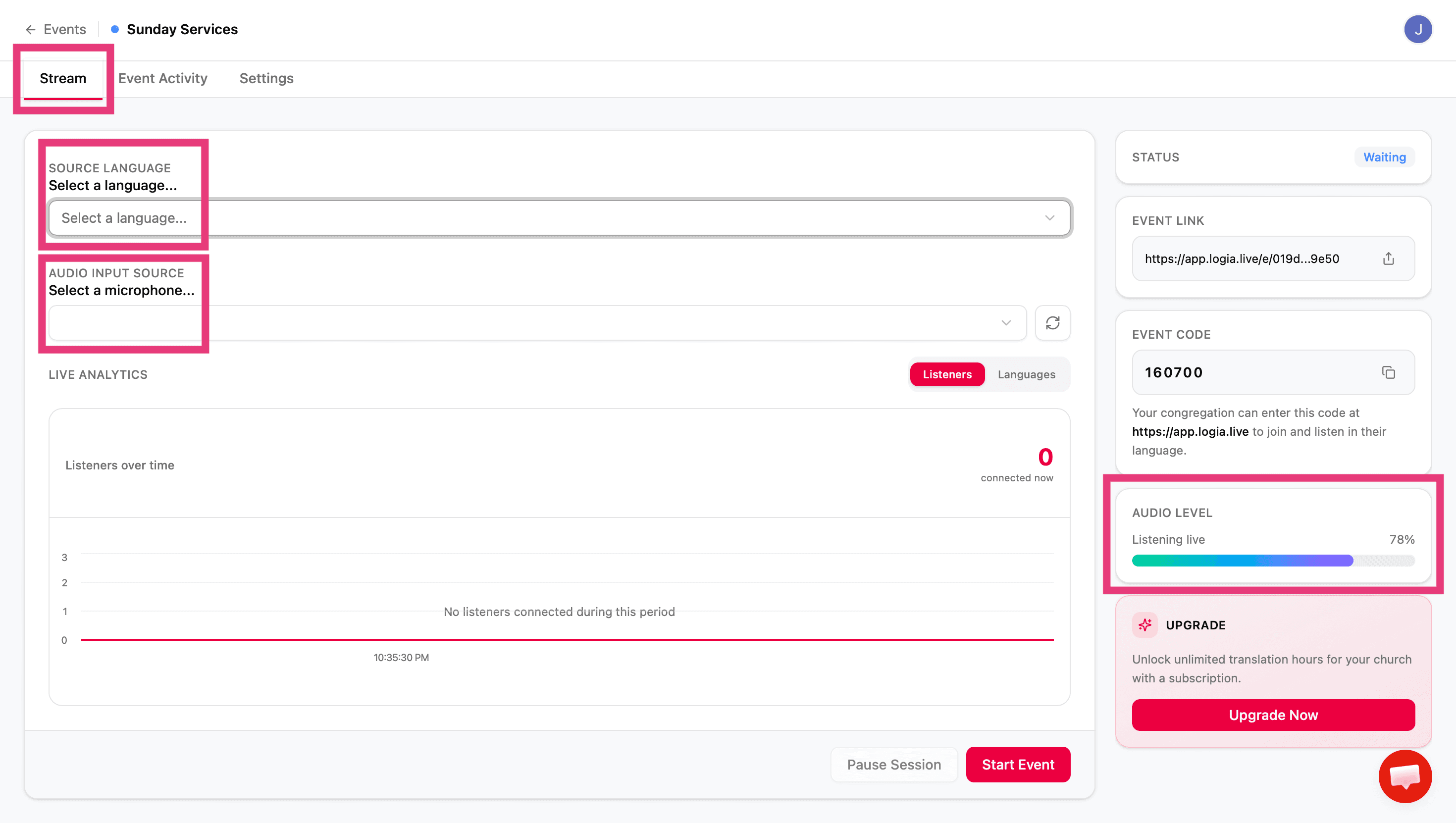 Stream tab with source language, audio input source, and audio level